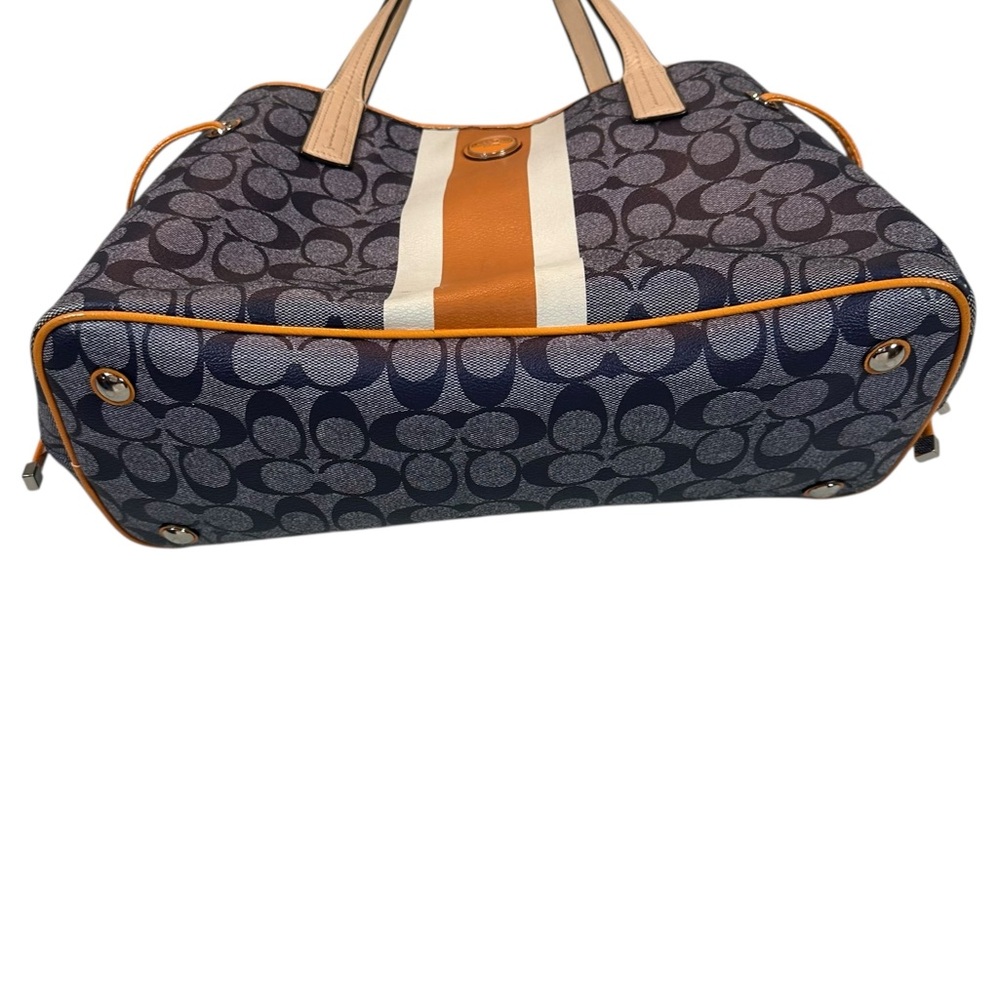 COACH Signature Coated Canvas Drawstring Carryall Bag Denim Blue & Orange Detail - Picture 7 of 14